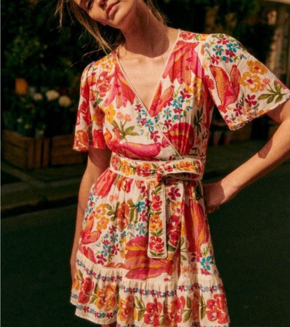 Sezane Farm Rio Kahlhila Dress Size 2 Wrap Tropical NWT French Casual